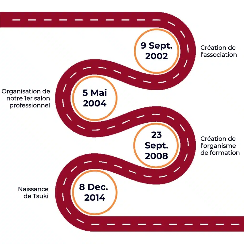 Schéma de l'évolution de l'association, à travers ces étapes clés : 
- 9 Septembre 2002 Création de l'association.
- 5 Mai 2004 Organisation de notre 1er salon professionnel
- 23 Septembre Création de l'organisme de formation.
- 8 décembre 2014 Naissance de Tsuki.